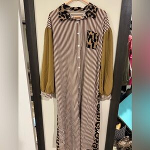 SHEIN Brown Striped Button-Down Dress with Leopard Accents